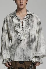Men's Jacquard V Collar Lantern Sleeves Print Ruffle Gothic Blouse 2 Colors - White - 6