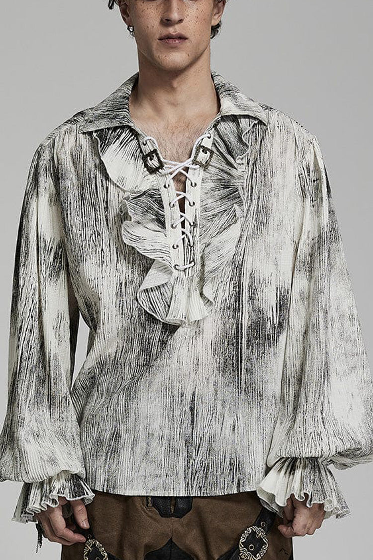 Men's Jacquard V Collar Lantern Sleeves Print Ruffle Gothic Blouse 2 Colors - White - 6