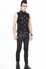 Black Worn Out Twill Mesh Decoration Rough Selvedge Hem Heavy Metal Men's Punk Waistcoat - Product - 9