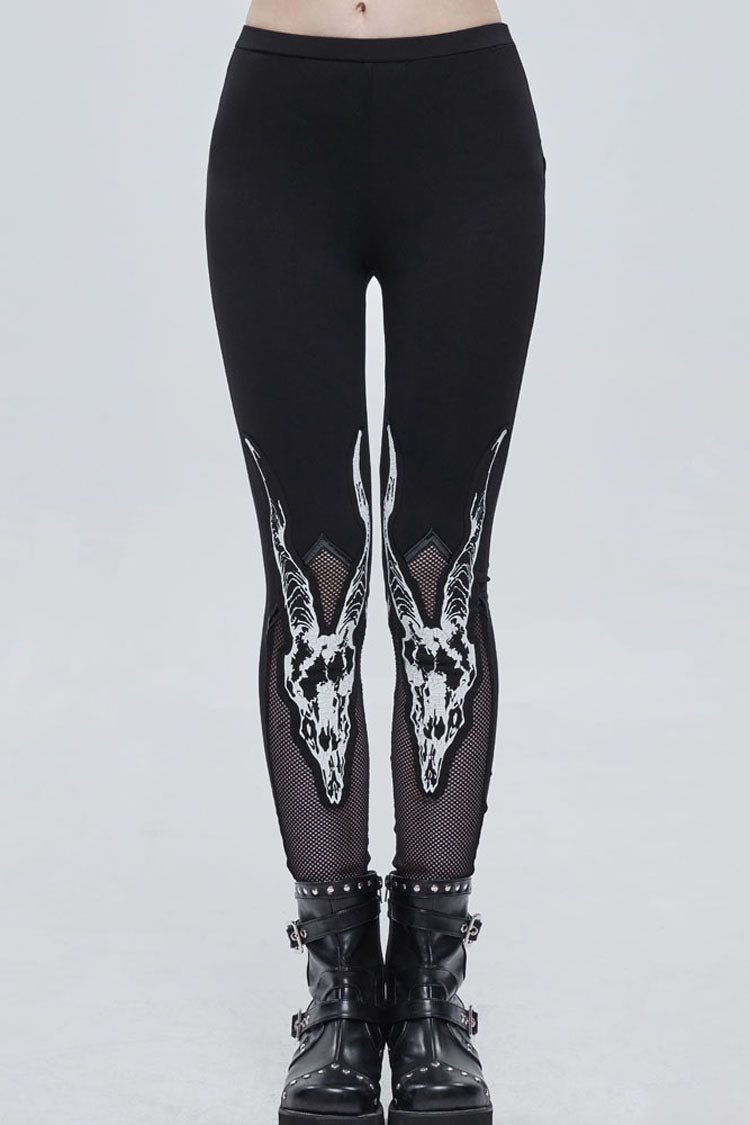 Black Gothic Stretch Knitted Fabric Spliced Mesh Devil Sheep Head Pattern Printing Women's Leggings - Black - 1