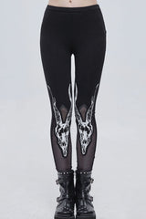 Black Gothic Stretch Knitted Fabric Spliced Mesh Devil Sheep Head Pattern Printing Women's Leggings - Black - 1