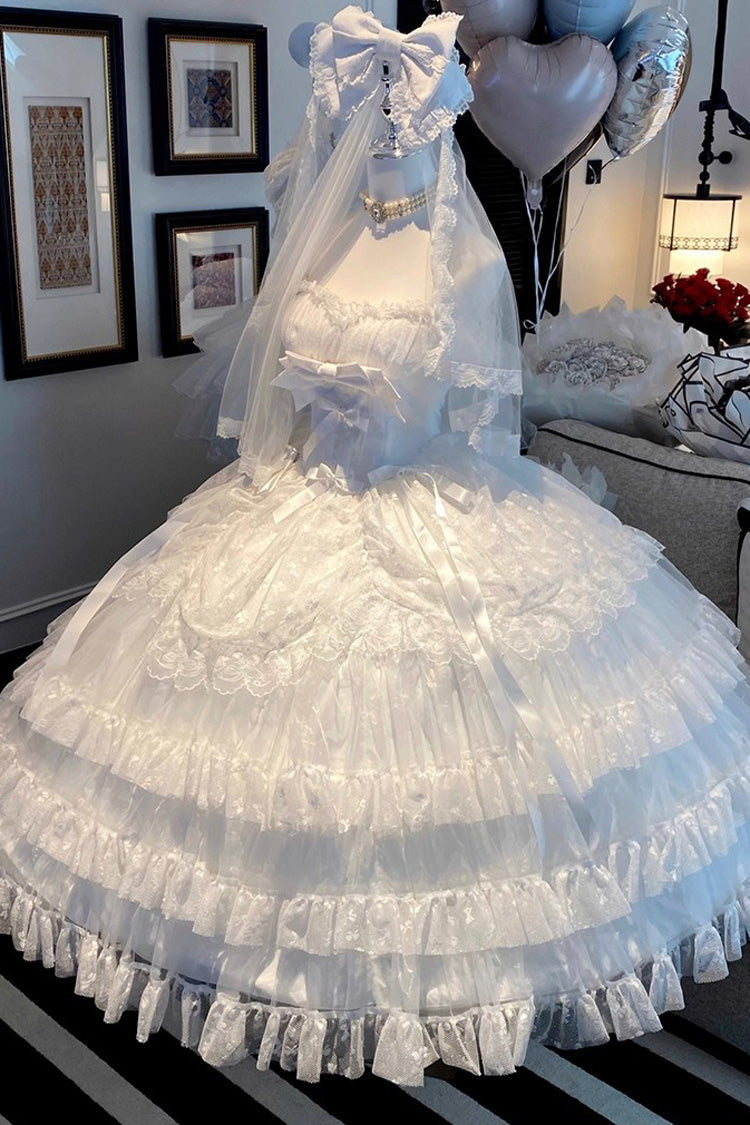 White [Maiden Lace] Off Shoulder Triple-Layered Ruffle Hanayome Bowknot Lace Sweet Lolita Jsk Dress - Product - 6