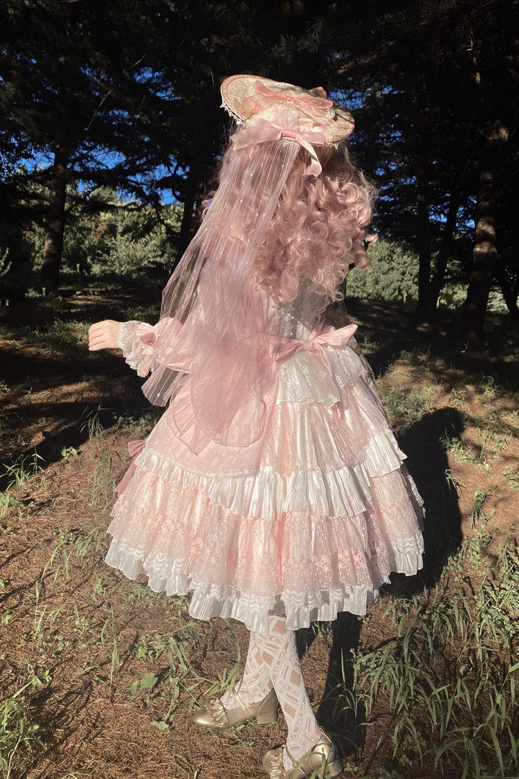 Pink Hanayome Long Sleeves Bowknot Multi-Layer Ruffled Sweet Lolita OP Tiered Dress - Product - 10