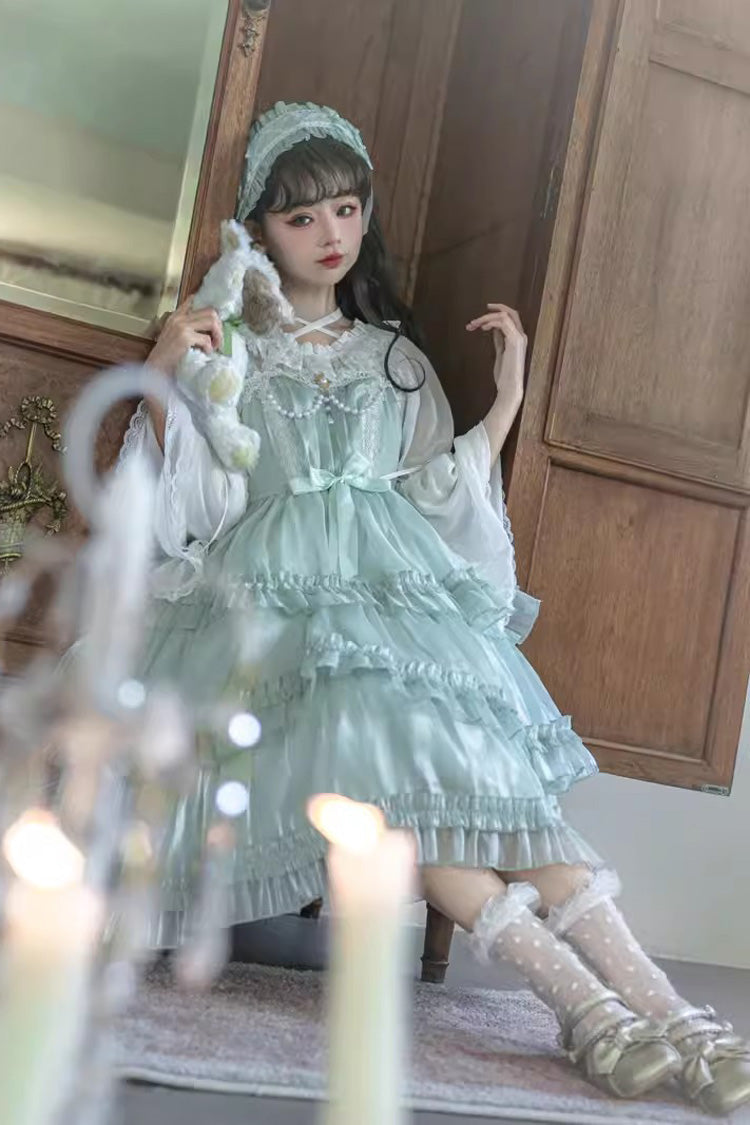 Green Starry Gauze Love Song Three-Tiered Ruffle Bowknot Sweet Lolita Tiered JSK Dress - Product - 6