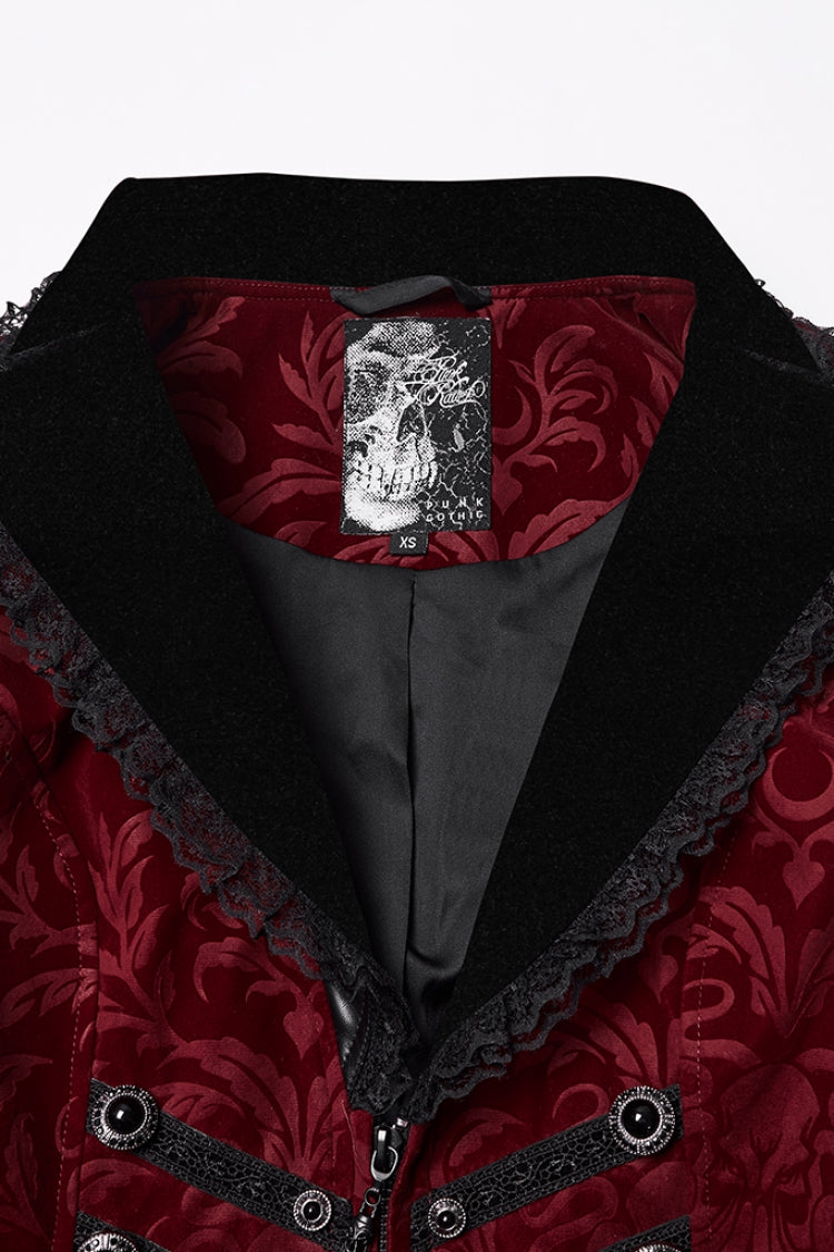 Red/Black Lapel Collar Long Sleeves Lace-Up Zipper Women's Punk Coat - Product - 5