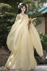 [Spring Harmony] Long Trumpet Sleeves Embroidered Chinese Inspired Hanfu Dress Set 2 Colors - Yellow - 10