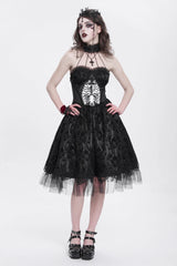 Black Halterneck Skeleton Print Embroidery Stitching Lace Women's Gothic Dress - Product - 8