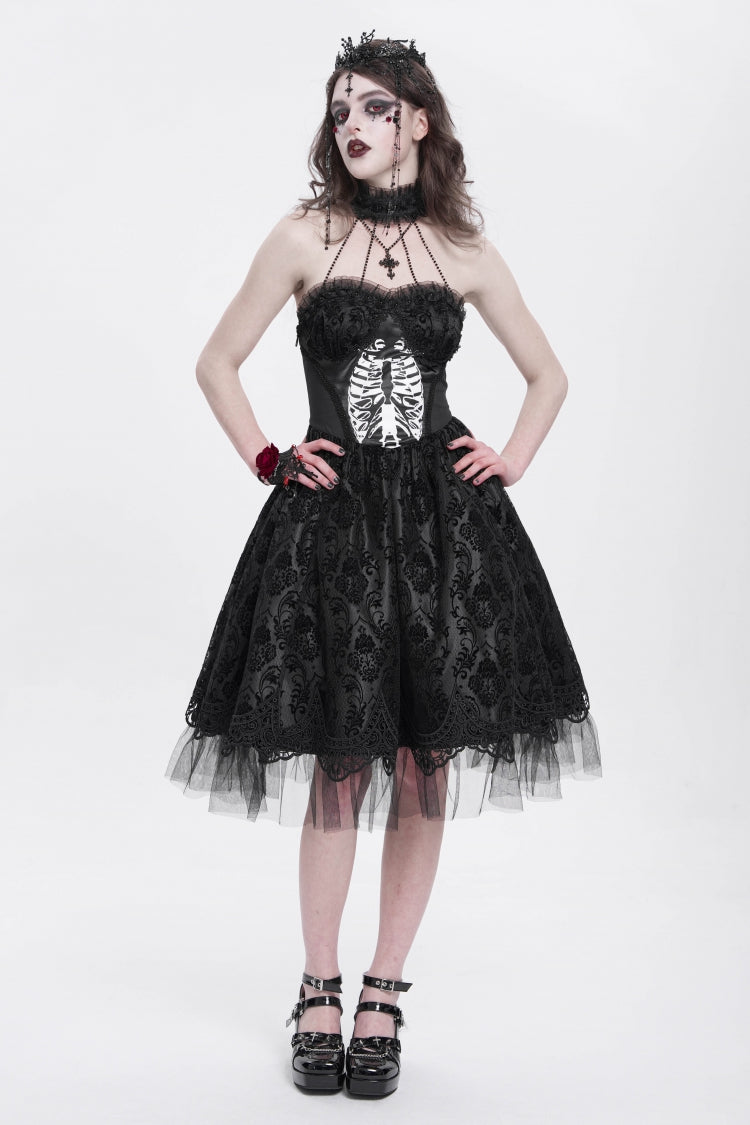 Black Halterneck Skeleton Print Embroidery Stitching Lace Women's Gothic Dress - Product - 8