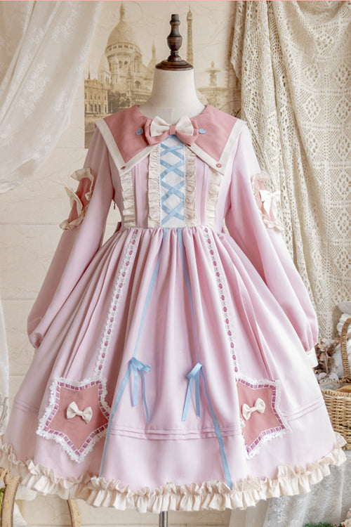 Round Collar Chiffon Ruffled Lantern Sleeves Pentagram Embroidered High Waisted Sweet Lolita OP Dress - Product - 8