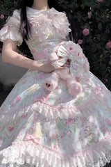 White/Pink Sleeveless Flower Wall Print Ruffle Bowknot Lace Sweet Lolita Jsk Dress - Product - 13