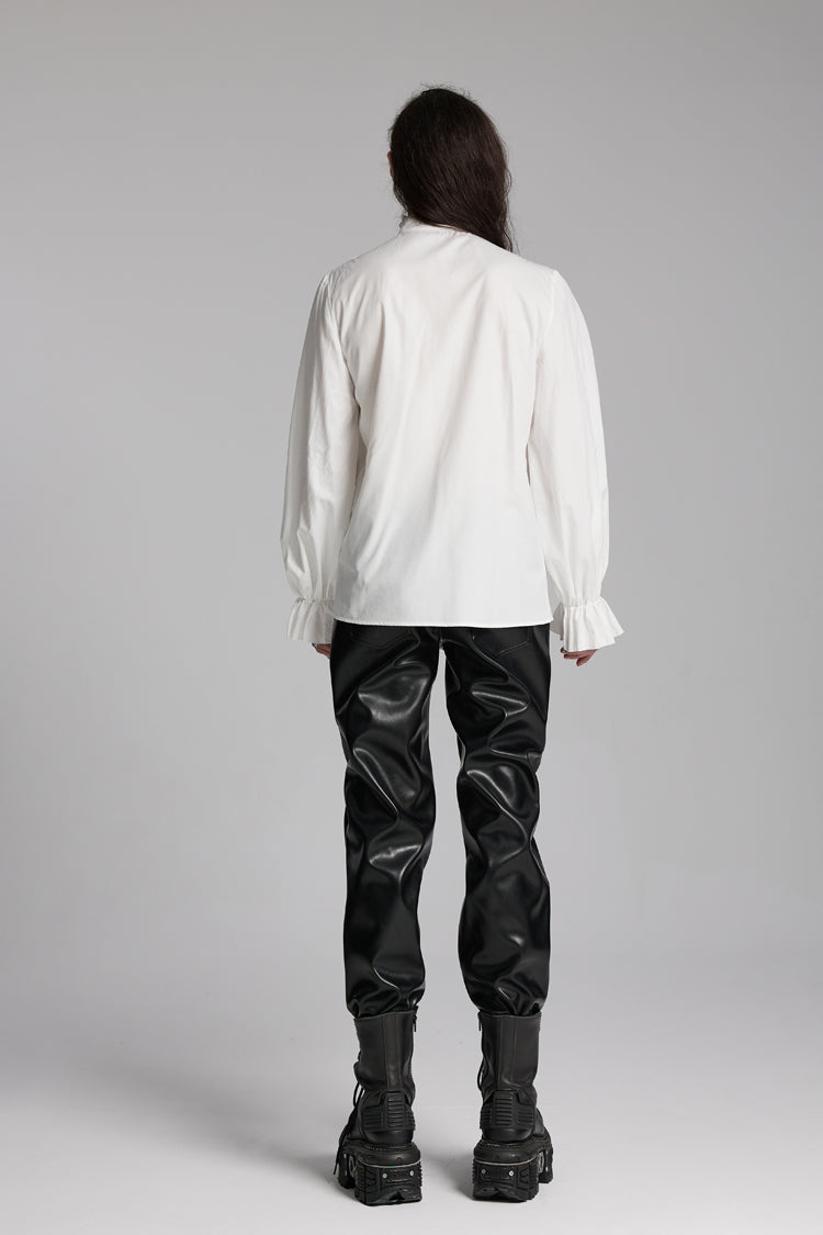 White Stand Collar Beast Buckle Long Sleeves Ruffle Men's Gothic Blouse - Product - 7