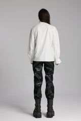 White Stand Collar Beast Buckle Long Sleeves Ruffle Men's Gothic Blouse - Product - 7