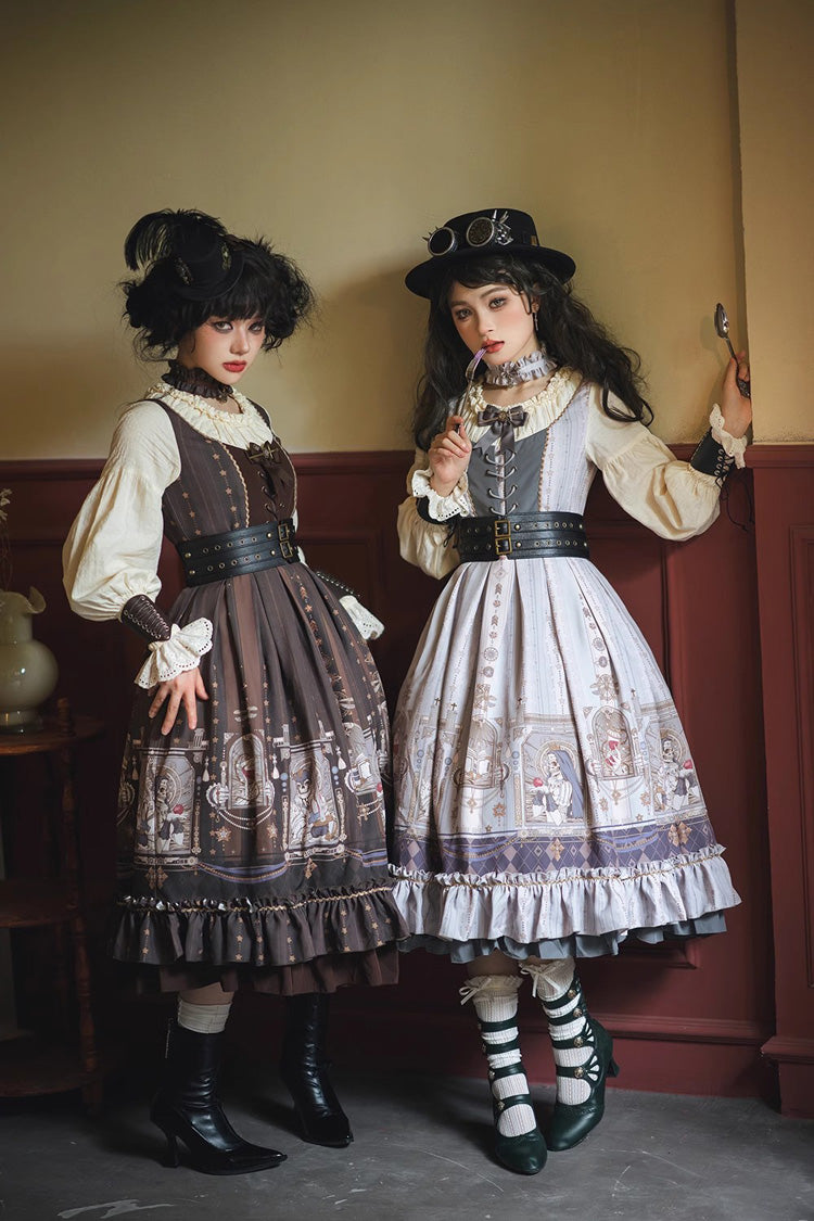 Demon Hunting Notes Long Lantern Sleeves Print Ruffle Sweet Elegant Lolita Dress 2 Colors - Product - 4