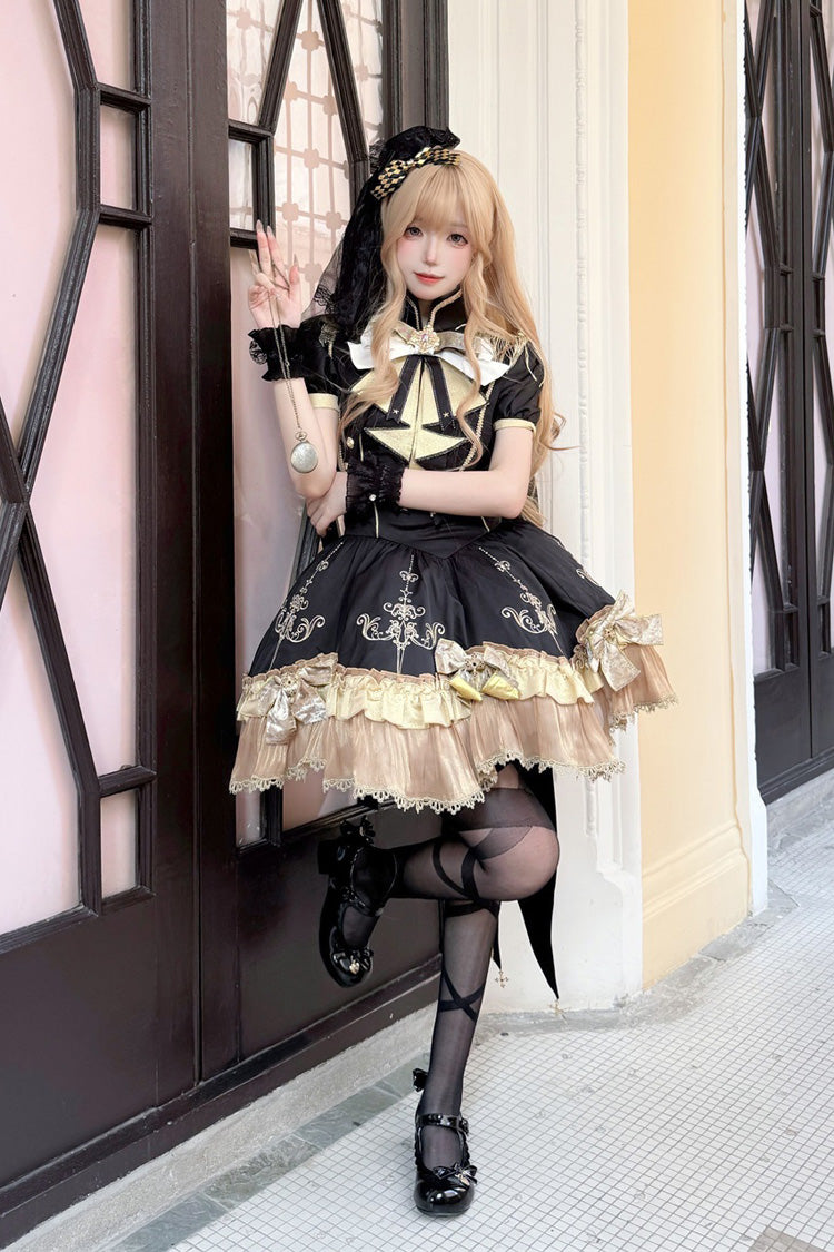 Black [Gilded Oath] Short Sleeves Double-Layered Ruffle Embroidery Bowknot Gothic Lolita Dress - Product - 14