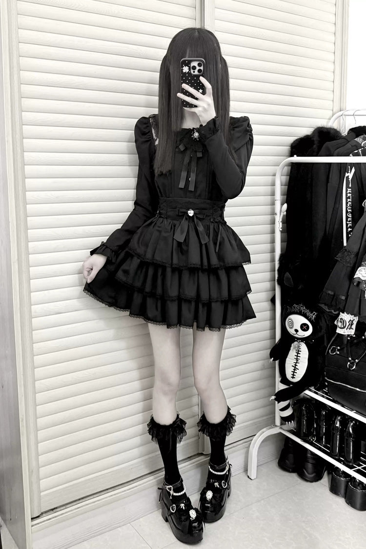 Jirai Kei Doll Collar Long Sleeves Triple-Layered Ruffled Bow Lace Japanese Skirt Blouse Set 2 Colors - Product - 11