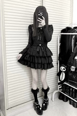 Jirai Kei Doll Collar Long Sleeves Triple-Layered Ruffled Bow Lace Japanese Skirt Blouse Set 2 Colors - Product - 11