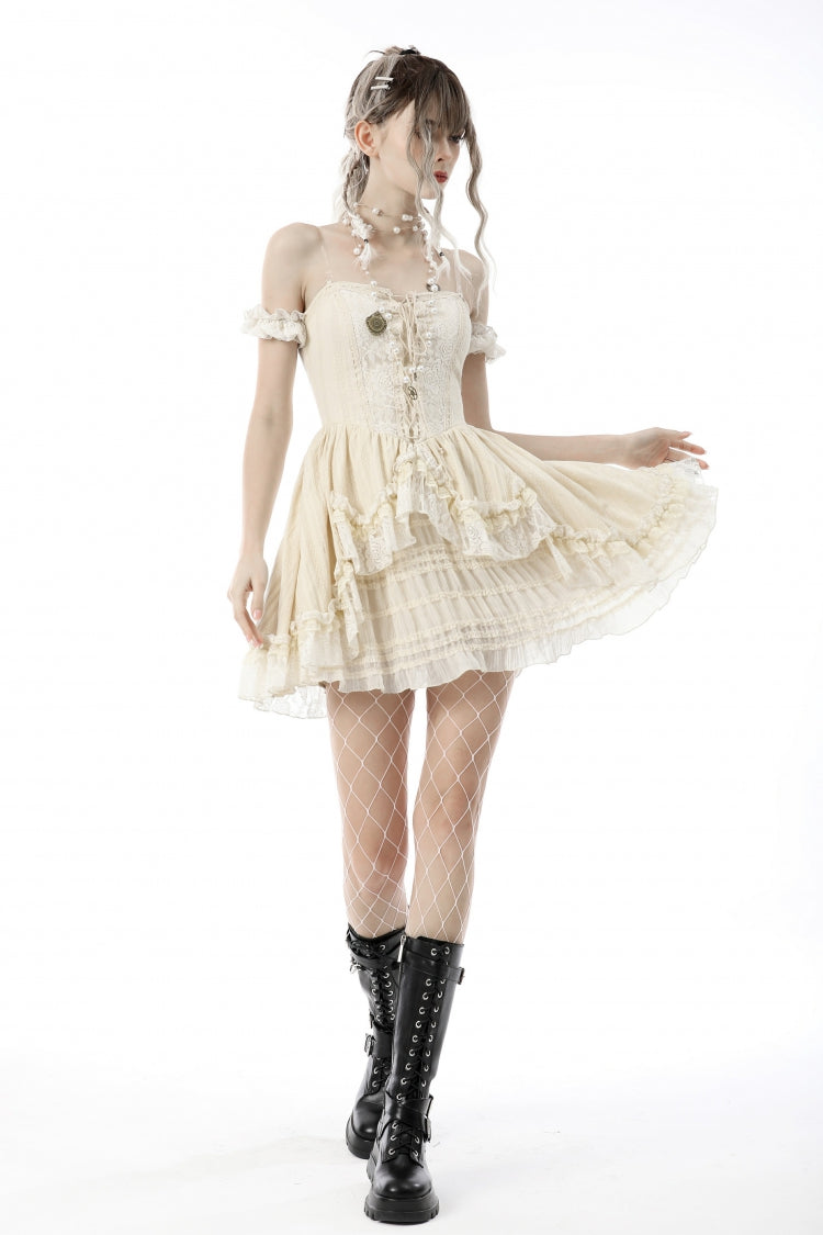 Apricot Short Sleeves Multi-Layered Ruffled Lace Women's Steampunk Slip Graduation Dress - Product - 6