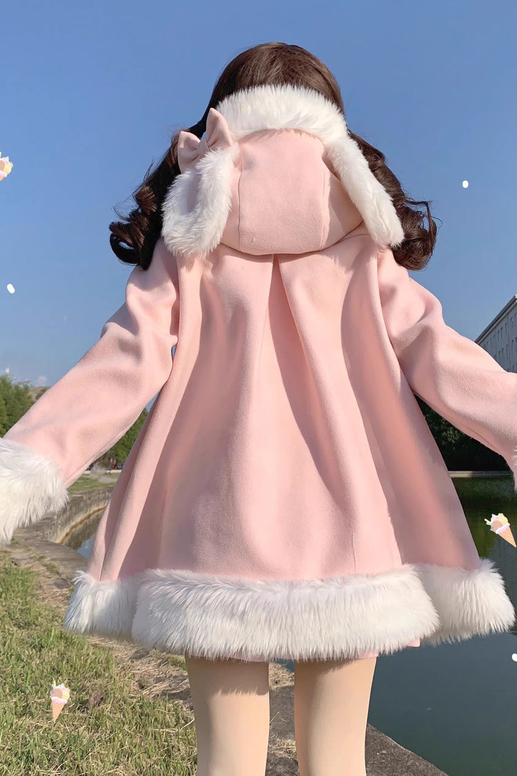 Pink Woolen Rabbit Ears Single-breasted Bowknot Sweet Princess Lolita Coat - Product - 5