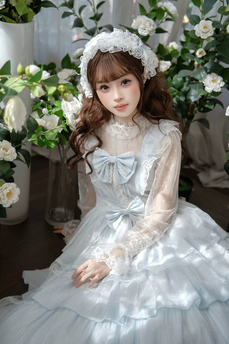 Blue [Aegean] Square Collar Flutter Sleeves Multi-Layered Ruffled Bow Sweet Lolita Jsk Dress Set - Product - 8
