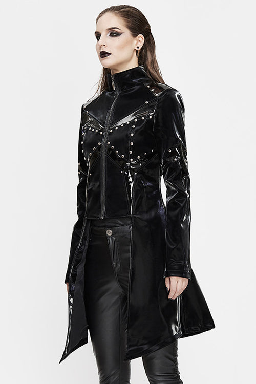 Black Rivet Bright Leather Zipper Long Womens Punk Coat - Product - 2