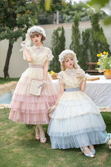 Blue [Sincere Vow] Edwardian Collar Short Sleeves Ombre Multi-Layered Ruffled Embroidered Sweet Lolita Dress - Product - 6