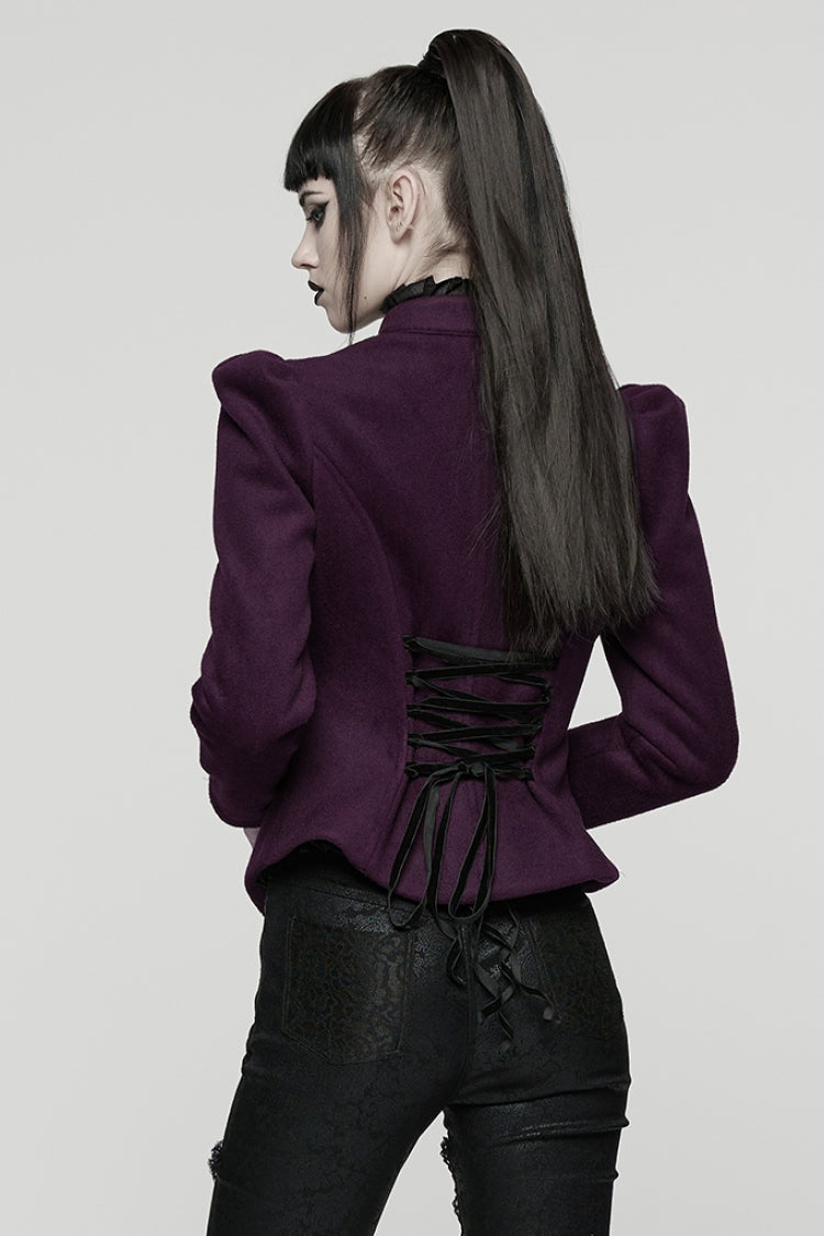 Purple Stand Collar Long Sleeves Embroidered Lace-Up Zippered Women's Gothic Jacket - Product - 3