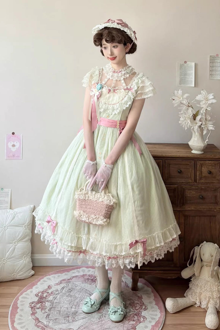 Green [Sakura’s Spring Resonance] Sleeveless Ruffled Bow Sweet Lolita Jsk Dress (Long Version) - Green - 1