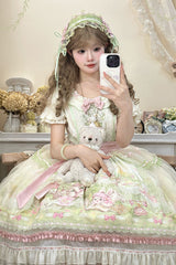 Pink/Green [Bamboo Rabbit] Peter Pan Collar Short Sleeves Printed Ruffled Embroidered Bow Sweet Lolita Dress - Product - 5