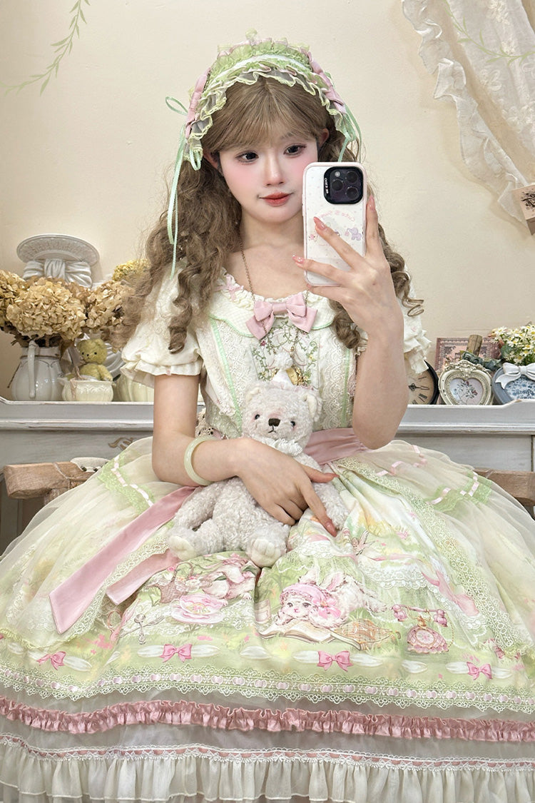 Pink/Green [Bamboo Rabbit] Peter Pan Collar Short Sleeves Printed Ruffled Embroidered Bow Sweet Lolita Dress - Product - 5