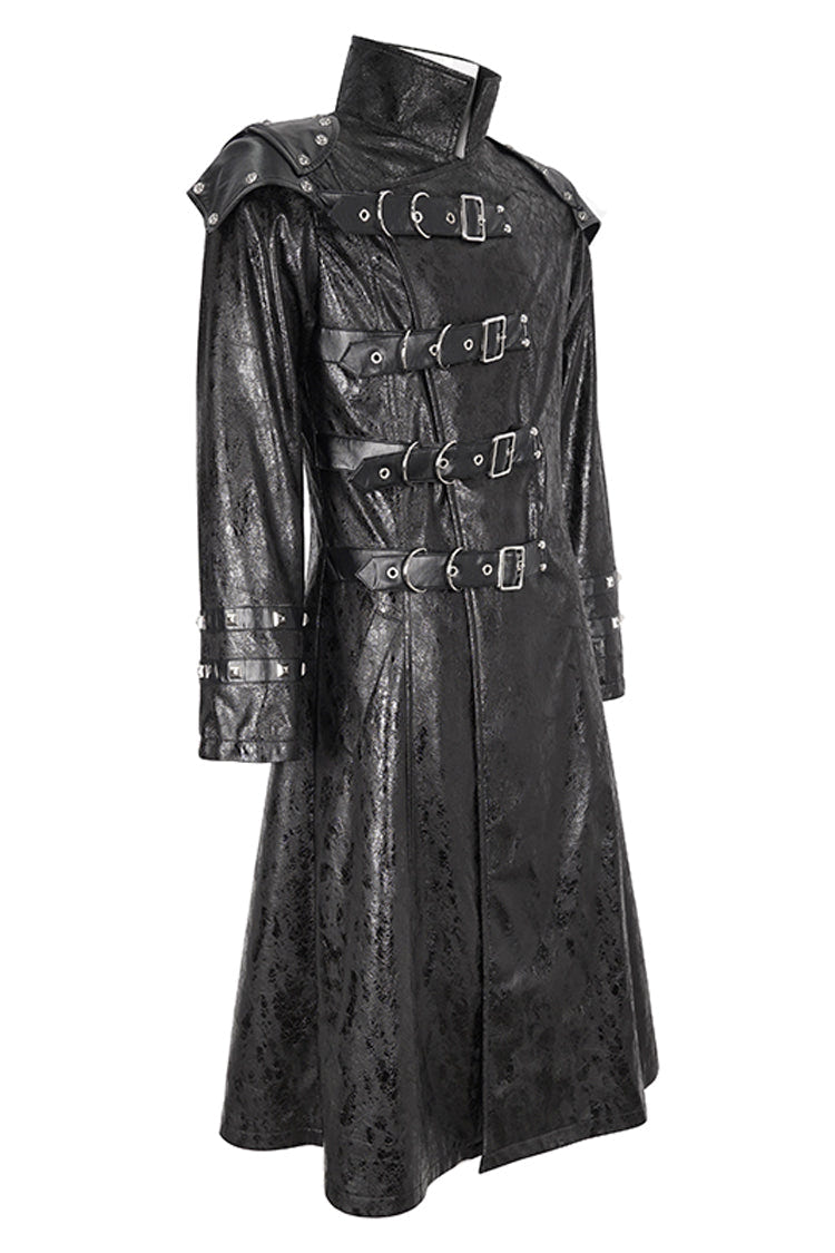 Black Stand Collar Multi Buckle Faux Long Leather Men's Punk Coat - Product - 8