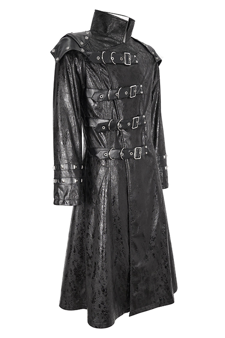 Black Stand Collar Multi Buckle Faux Long Leather Men's Punk Coat - Product - 8