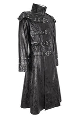 Black Stand Collar Multi Buckle Faux Long Leather Men's Punk Coat - Product - 8