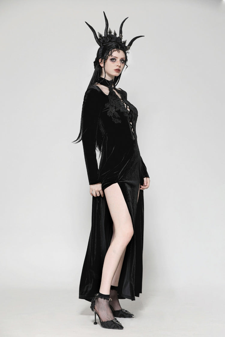 Black Long Sleeves Cut-Out Lace-Up Women's Gothic Side Slit Velvet Party Dress Wedding Dress - Product - 6