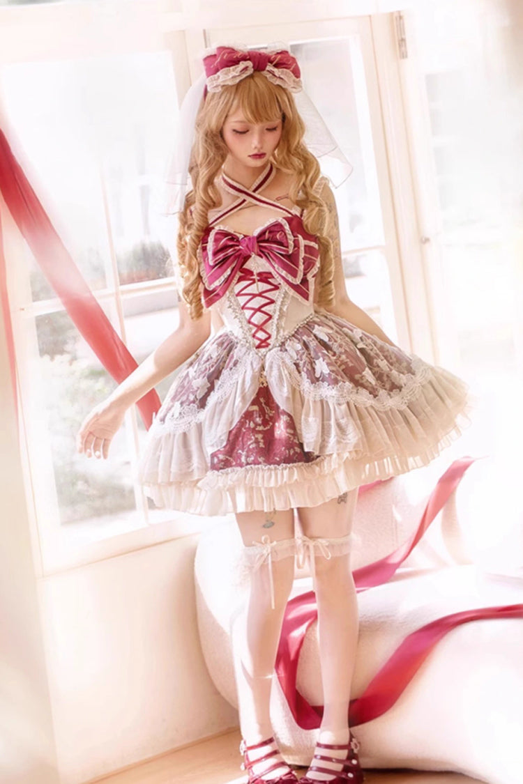 Red [Lilibet] Print Ruffle Cardigan Bowknot Lace Fishbone Sweet Lolita Dress - Product - 6