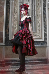 Black/Red Feast in Hades Short Sleeves Print Ruffle Cardigan Gothic Lolita Dress - Product - 3