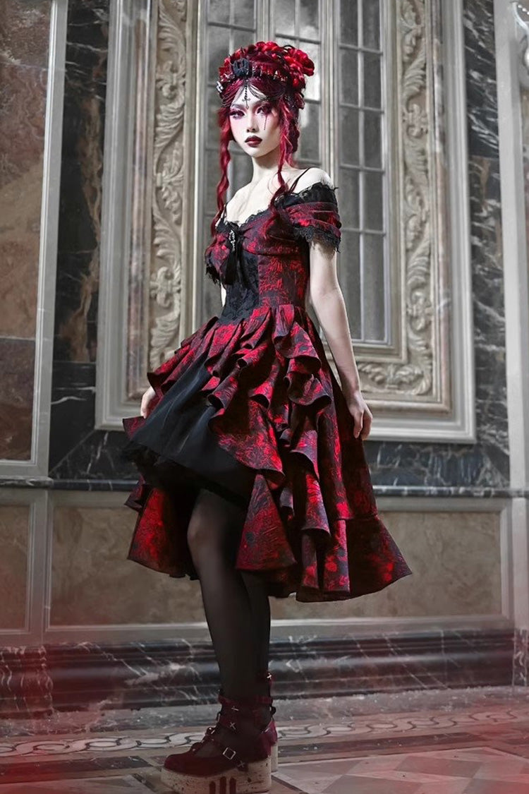 Black/Red Feast in Hades Short Sleeves Print Ruffle Cardigan Gothic Lolita Dress - Product - 3
