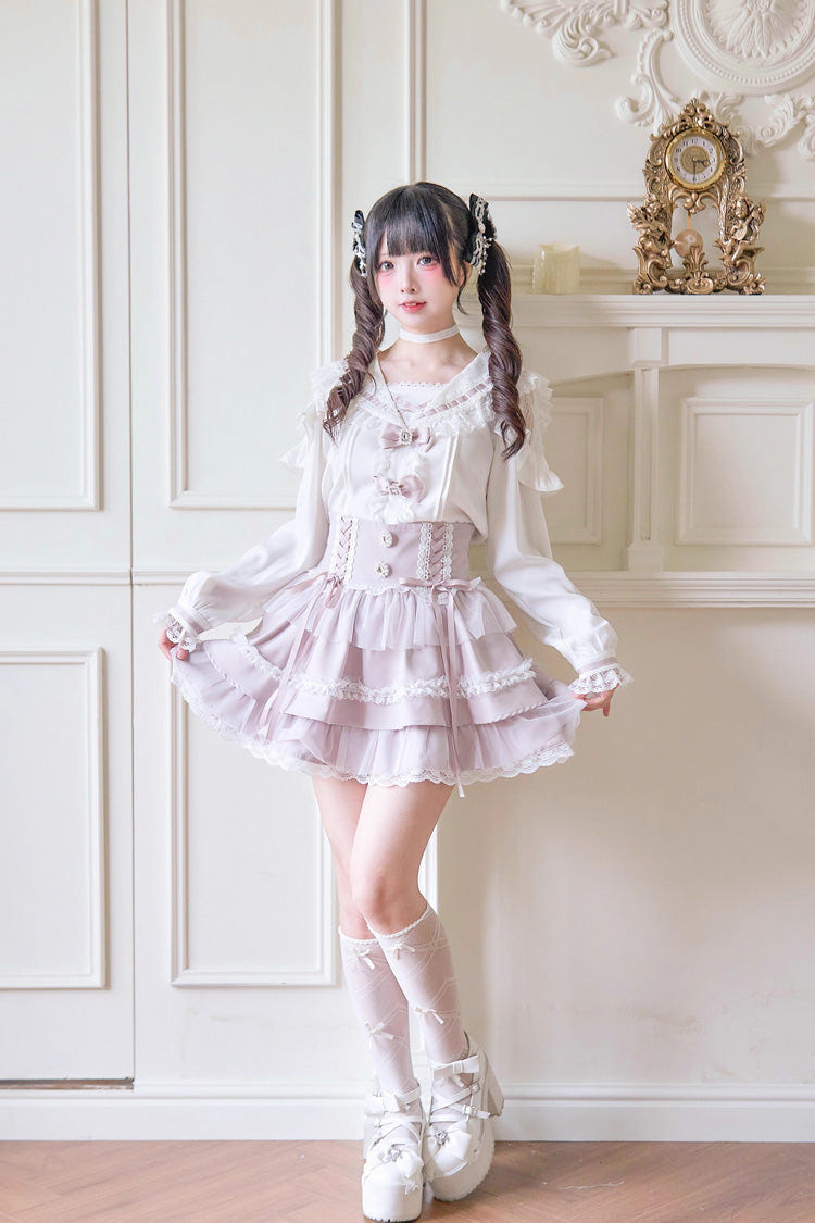 Sweet Print Ruffle Lace Lace-Up Jirai Kei Skirt 3 Colors - Product - 3