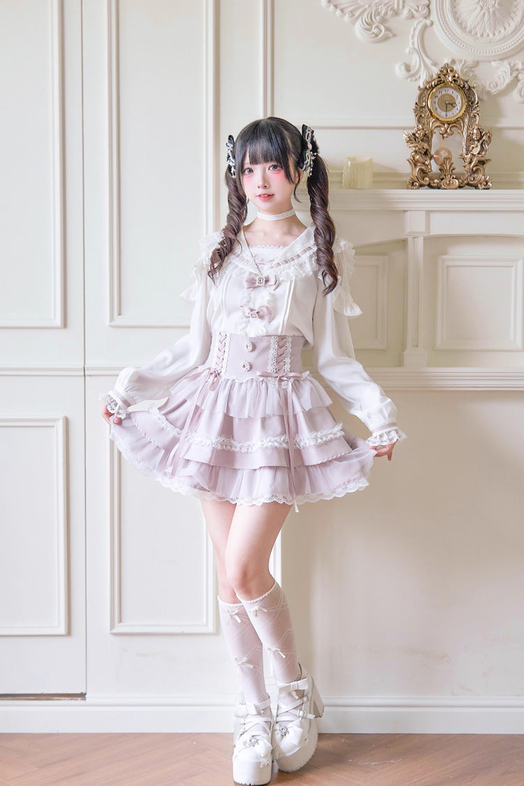 Sweet Print Ruffle Lace Lace-Up Jirai Kei Skirt 3 Colors - Product - 3
