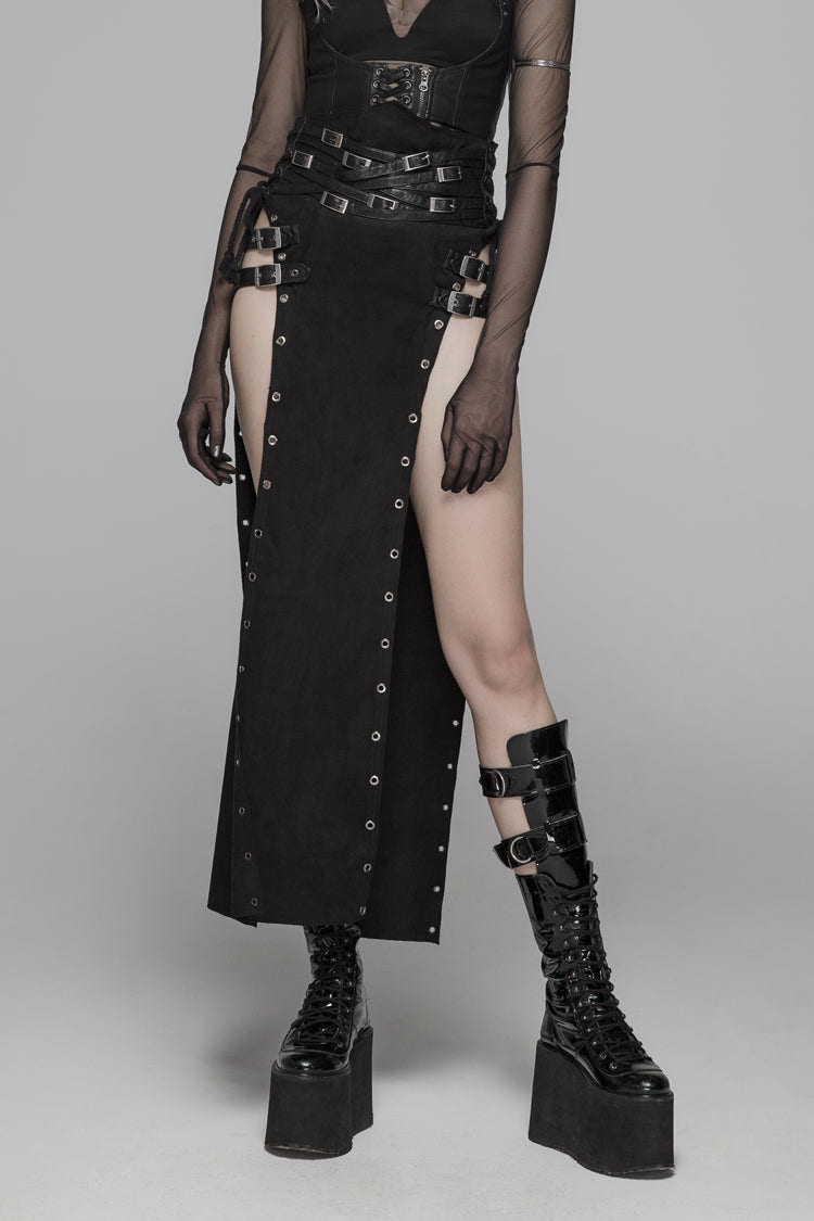 Black Metal Buckle PU Leather Buckle Lace-Up Sheer Women's Steampunk Long Skirt - Black - 1