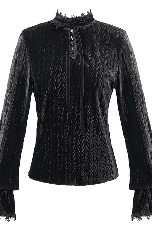 Black Pleated Velvet Trumpet Sleeves Womens Gothic Blouse - Product - 4