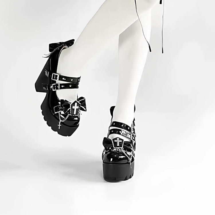 Black Bow Chain Cross Princess Gothic Punk Lolita High Heels - Product - 4