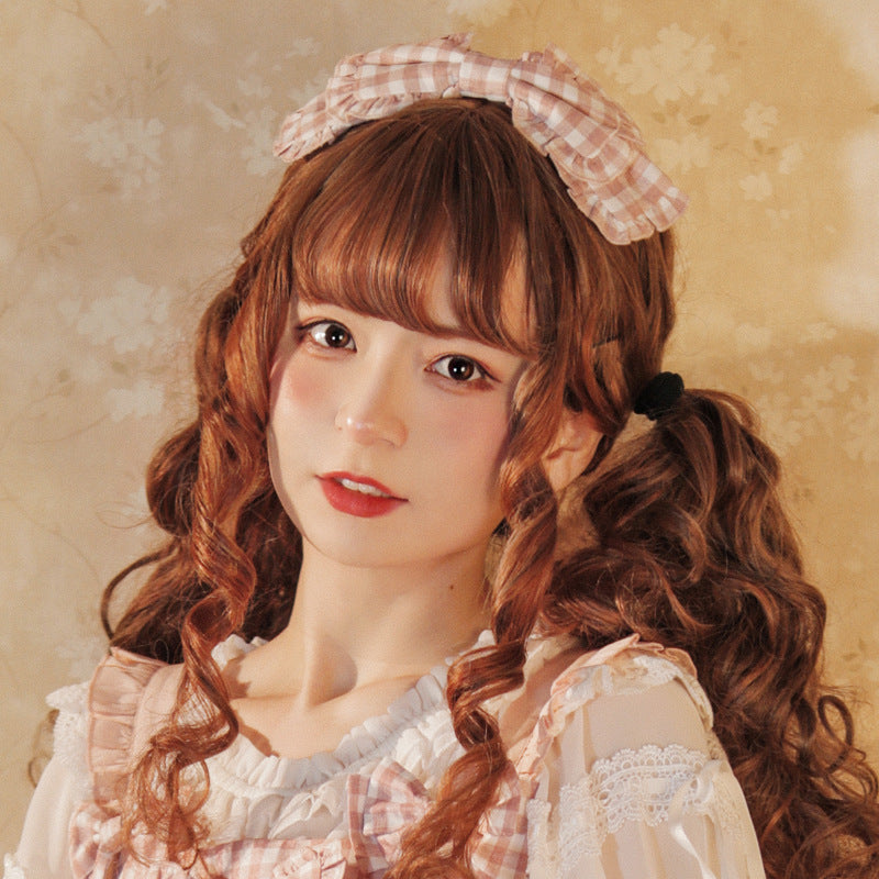 Brown/Pink Plaid Print Bowknot Lolita KC Headdress - Brown/Pink - 1