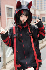 Black/Red Long Sleeves Print Cat Ears Hooded Jirai Kei Handsome Coat - Black/Red - 1