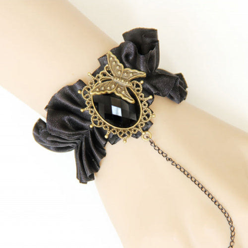 Black Retro Fashion Silk Cloth Gemstone Butterfly Design Female Gothic Lolita Ring Bracelet - Product - 3