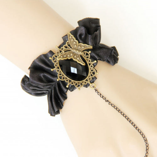 Black Retro Fashion Silk Cloth Gemstone Butterfly Design Female Gothic Lolita Ring Bracelet - Product - 3