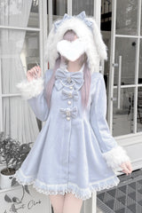 Aqua Long Sleeves Bowknot Rabbit Ears Detachable Hooded Japanese Jirai Kei Coat - Aqua - 1