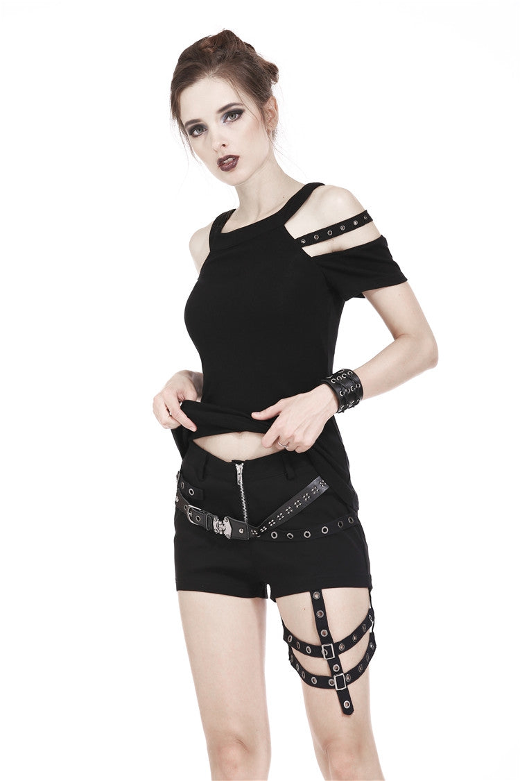 Black Off Shoulder Straps Short Sleeves Cut-Out Women's T-Shirt - Product - 2