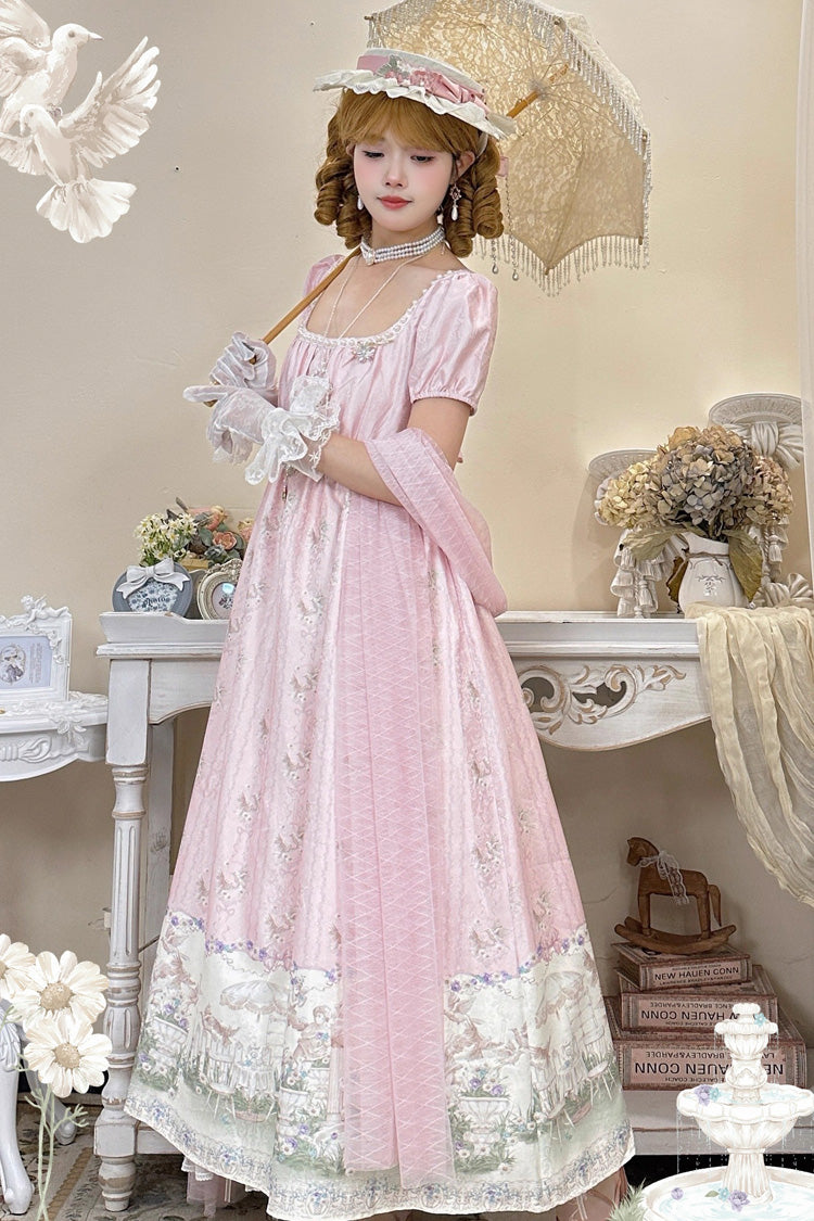 Pink [Spring of Nai] Square Collar Short Sleeves Print Pearl Sweet Elegant Lolita Dress - Product - 3