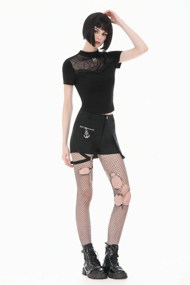 Black Short Sleeves Cut-Out Spider Cobweb Sheer Mesh Women's Gothic Top - Product - 11