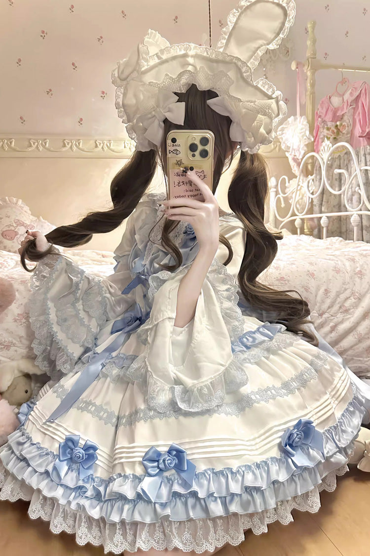 White/Blue [Layered Sea Salt Ice] Short Sleeves Ruffle Bowknot Lace Sweet Lolita Dress - Product - 8